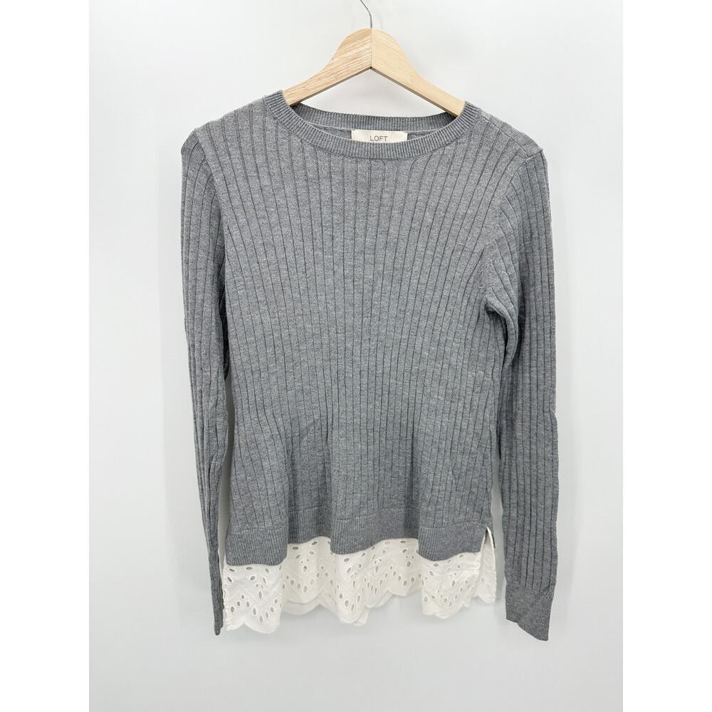 LOFT Sweater Women SMALL Grey White Eyelet Embroidered Hem Long‎ Sleeve Knit